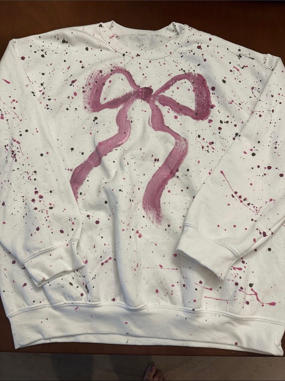 Urban Renewal Remade Splatter Paint Pink Bow Crewneck Sweatshirt Outfitters